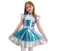 SPSMOKH Alien Girls Costume Shiny Flutter Sleeve Tutu Dance Dress Robot Theme Party Dress-up (Silver, 13-14 Years)