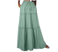 SPSMOKH Boho Maxi Skirts for Women - Bohemian Bustier Skirt A-line Beach Bustier Skirt Floral Print Vintage Maxi Skirt Fashionable Cake Chic Printing Ruched Ruffles Elastic Waist (Green, XL)