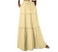 SPSMOKH Boho Maxi Skirts for Women - Bohemian Bustier Skirt A-line Beach Bustier Skirt Floral Print Vintage Maxi Skirt Fashionable Cake Chic Printing Ruched Ruffles Elastic Waist (Yellow, L)