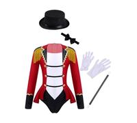 SPSMOKH Girls Deluxe Ringmaster Costume Tassel Leotard Tailcoat with Magic Kit for Halloween Cosplay (Crimson, 3-4 Years)