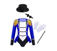 SPSMOKH Girls Deluxe Ringmaster Costume Tassel Leotard Tailcoat with Magic Kit for Halloween Cosplay (Sapphire, 9-10 Years)