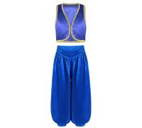 SPSMOKH Kids Boys Arabian Prince Street Rats Costume Silky Waistcoat Top with Harem Dance Pants (Blue, 9-10 Years)