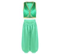 SPSMOKH Kids Boys Arabian Prince Street Rats Costume Silky Waistcoat Top with Harem Dance Pants (Green, 13-14 Years)