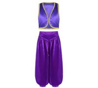 SPSMOKH Kids Boys Arabian Prince Street Rats Costume Silky Waistcoat Top with Harem Dance Pants (Purple, 9-10 Years)