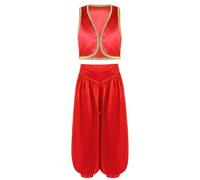 SPSMOKH Kids Boys Arabian Prince Street Rats Costume Silky Waistcoat Top with Harem Dance Pants (Red, 9-10 Years)