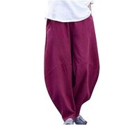 SPSMOKH Ladies Cotton Linen Pants Clearance Elastic Waist Relax Fit Hippie Gypsy Harem Pant Summer Fall Drop Crotch Wide Leg Sweatpants Loose Straight Pants Trouser Yoga Pants Baggy Lounge (Wine, S)