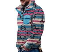 SPSMOKH Men's Aztec-Print Wool Top Button-Neck Ethnic-Inspired Pullover Sherpa-Lined Long-Sleeved Fleece Jumper - Winter Warm Without Hood, Chest & Side Pockets, Vintage Norwegian Style (TYPE - 4, L)