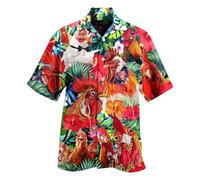 SPSMOKH Men's Funny Aloha Hawaiian Shirts - Rooster-Print Hawaiian Shirt Playful Chiffon Shirt Collar-Button Short-Sleeved, 3D Printed Cotton Classic Casual Stag Holiday Shirts (Red, M)