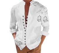 SPSMOKH Mens Hawaiian Long-Sleeved Button-Down Shirt - Floral Print Long-Sleeved Top Fashionable Beach Shirt 3D Printed Aloha Casual Vacation Cotton Shirts (White, M)