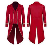 SPSMOKH Men's Vintage Gothic Tailcoat Jacket Ballroom Attire for Gentlemen Victorian-Style Long Dress Court Tailcoat with Gold Trim Single Breasted Frock Coat Costume for Halloween Cosplay (Red, 3XL)
