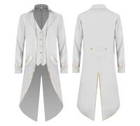 SPSMOKH Men's Vintage Gothic Tailcoat Jacket Ballroom Attire for Gentlemen Victorian-Style Long Dress Court Tailcoat with Gold Trim Single Breasted Frock Coat Costume for Halloween Cosplay (White, L)