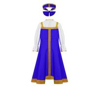 SPSMOKH Russian Girls Costume Traditional Folk Dance Princess Dress with Headpiece for Halloween (Blue, 9-10 Years)