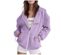 SPSMOKH Women UK Christian Faith Zip-Up Hoodie - Bible Print Jesus Sweatshirt, Solid Colour Lightweight Jacket Casual Oversized Pullover Tops (Light Purple - 3, XL)
