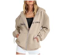 SPSMOKH Women UK Christian Faith Zip-Up Hoodie - Bible Print Jesus Sweatshirt, Solid Colour Lightweight Jacket Casual Oversized Pullover Tops (Beige - 1, M)