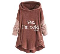 SPSMOKH Women's Fleece Hooded Top Long Sleeve A-Line Winter Warm Teddy Fleece Jacket Pullover Tops Yes Im Cold Letter Print Hoodie Fuzzy Fluffy Women Trendy Cute Girls Casual Home (B - Coffee, L)