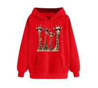 SPSMOKH Women's Giraffe Print Hoodie - Cute Sports Sweatshirt Casual Long Sleeve Top | Drawstring Sweatshirt with Pocket | UK Oversized Warm Fleece Lined Hooded Jumper (Red, XXL)