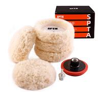 SPTA Wool Polishing Pad, 5Pcs 3"(75mm) 100% Natural Wool Buffing Pad with 1Pc Hook&Loop Backing Pad, 1Pc Extension Shank for Drill Polisher Cutting, Car Body Repair Buffing