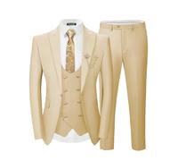 SPTALLFITJSV Men 3 Pieces Suits Slim Fit Wedding Prom Solid Blazer Double Breasted Vest and Pants Gold Button Tuxedo Set, Champagne, S