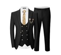 SPTALLFITJSV Men 3 Pieces Suits Slim Fit Wedding Prom Solid Blazer Double Breasted Vest and Pants Gold Button Tuxedo Set, Black, M