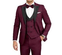 SPTALLFITJSV Mens 3 Piece Tuxedo Suit Slim Fit Wedding Prom Dinner Tuxedo for Men Double Breasted Suits Set with Bow Tie, Wine Red, L