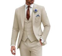 SPTALLFITJSV Mens Suit 3 Piece Slim Fit Wedding Business Suits for Men Three Piece Suit Set Formal Peak Lapel Elegant, Beige, XL