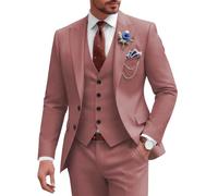 SPTALLFITJSV Mens Suits 3 Piece Wedding Business Suit for Men Three Piece Suits Slim Fit Formal Peak Lapel Suit Set, Dusty Pink, XL