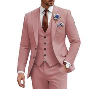 SPTALLFITJSV Mens Suits 3 Piece Wedding Business Suit for Men Three Piece Suits Slim Fit Formal Peak Lapel Suit Set, Dusty Pink, S