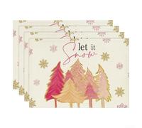 Spun Polyester Christmas Placemats 4pcs Pink Tree Design | Soft spun polyester, wrinkle-resistant, stain protection, 12x18 inch size, festive pink tree pattern