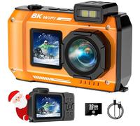 SPUNALP 70MP 33FT WiFi Waterproof Digital Camera with 32GB Card, UHD 8K Underwater Camera, 18X Floatable Digital, Auto Focus Waterproof Dual-Screen Selfie 2500mAh Battery,