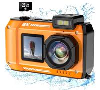 SPUNALP 8K UHD Underwater Camera 33FT Autofocus 70MP Rugged Dustproof Shockproof Digital Camera Waterproof Camera Dual-Screen Selfie Underwater Photograph Camera with 32GB Card, Orange