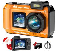 SPUNALP UHD 8K Underwater Camera, 70MP 33FT Waterproof Digital Camera, Auto Focus Waterproof Dual-Screen Selfie 2500mAh Battery with 64GB Card, 16X Floatable Digital for Snorkeling