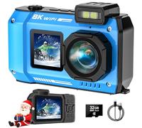 SPUNALP UHD 8K Underwater Camera, 70MP 33FT WiFi Waterproof Digital Camera with 32GB Card, Auto Focus Waterproof Dual-Screen Selfie 2500mAh Battery, 18X Floatable Digital for Snorkeling, Blue