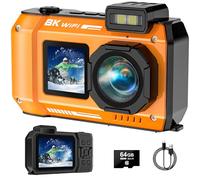 SPUNALP UHD 8K Underwater Camera, 70MP 33FT WiFi Waterproof Digital Camera with 64GB Card, Auto Focus Waterproof Dual-Screen Selfie 2500mAh Battery, 18X Floatable Digital for Snorkeling, Orange