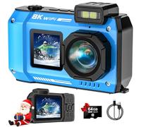 SPUNALP UHD 8K Underwater Camera, 70MP 33FT WiFi Waterproof Digital Camera with 64GB Card, Auto Focus Waterproof Dual-Screen Selfie 2500mAh Battery, 18X Floatable Digital for Snorkeling, Blue
