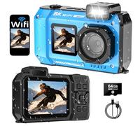 SPUNALP UHD 8K Underwater Camera, 70MP 33FT WiFi Waterproof Digital Camera with 64GB Card, Auto Focus Waterproof Dual-Screen Selfie 2500mAh Battery, 18X Floatable Digital for Snorkeling, Blue