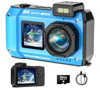 SPUNALP UHD 8K Underwater Camera, 70MP 33FT WiFi Waterproof Digital Camera with 64GB Card, Auto Focus Waterproof Dual-Screen Selfie 2500mAh Battery, 16X Floatable Digital for Snorkeling, Blue