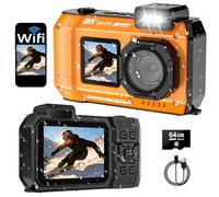 SPUNALP UHD 8K Underwater Camera, 70MP 33FT WiFi Waterproof Digital Camera with 64GB Card, Auto Focus Waterproof Dual-Screen Selfie 2500mAh Battery, 18X Floatable Digital for Snorkeling, Orange