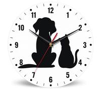 SPUNKER Black Cat Dog Wall Clock Battery Operated 10 Inch,Animals Round Clock Silent Non-Ticking Wall Decor for Farmhouse Office Home School Living Room Bedroom