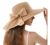 Spunklad Womens 5.7 Inches Big Straw Beach Hat Wide Brim Floppy Foldable Roll up Sun Hat with Bowknot Summer Beach Cap UPF 50+ Khaki