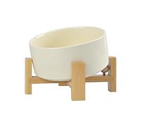 SPUNKYJUNKY 15° Slanted Ceramic Dog and Cat Bowl with Wooden Stand, Tilted Bulldog Food and Water Bowl No Slip Non-Spill for Cats Medium Dogs Big Face Pets 28.7 OZ (3.6 Cups, Beige)
