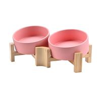 SPUNKYJUNKY 15° Slanted Ceramic Dog and Cat Bowl with Wooden Stand, Tilted Bulldog Food and Water Bowl No Slip Non-Spill for Cats Medium Dogs Big Face Pets 13.5 OZ (1.7 Cups, Pink × 2)
