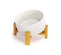 SPUNKYJUNKY 15° Slanted Ceramic Dog and Cat Bowl with Wooden Stand, Tilted Bulldog Food and Water Bowl No Slip Non-Spill for Cats Medium Dogs Big Face Pets 28.7 OZ (3.6 Cups, White)