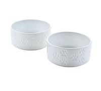 SPUNKYJUNKY Ceramic Dog and Cat Bowls 2 Pack, 5.1'' Dog and Cat Food Water Double Feeding Bowls Non-Slip for Cats and Puppy Small Sized Breed Dogs Microwave Dishwasher Safe - 13.5 OZ, 2pcs, Paw White
