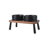 SPUNKYJUNKY Ceramic Elevated Dog Bowls Raised with Acacia Bamboo Wooden Stand, 6.1'' Dog and Cat Food Water Bowls Set Non-Slip for Small Medium Sized Breed Microwave Dishwasher Safe - 28.7 OZ,Black