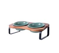 SPUNKYJUNKY Ceramic Elevated Tilted Dog Bowls Bone-Shaped Raised with 2 Height Iron Stand, 4.9'' Dog and Cat Food Water Bowls Set Non-Slip for Puppy Kitten Small Sized Breed - 7 OZ,Dark Green