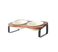 SPUNKYJUNKY Ceramic Elevated Tilted Dog Bowls Bone-Shaped Raised with 2 Height Iron Stand, 4.9'' Dog and Cat Food Water Bowls Set Non-Slip for Puppy Kitten Small Sized Breed - 7 OZ,Beige