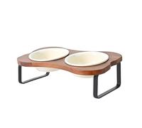 SPUNKYJUNKY Ceramic Elevated Tilted Dog Bowls Bone-Shaped Raised with 2 Height Iron Stand, 5.9'' Dog and Cat Food Water Bowls Set Non-Slip for Small Sized Breed - 13.5 OZ,Beige