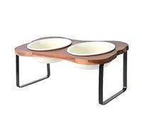 SPUNKYJUNKY Ceramic Elevated Tilted Dog Bowls Bone-Shaped Raised with 2 Height Iron Stand, 6.9'' Dog and Cat Food Water Bowls Set Non-Slip for Small Medium Sized Breed - 20 OZ,Beige