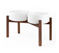 SPUNKYJUNKY Dog Bowl Ceramic Double Dog Feeding Bowl Raised Bowl with Acacia Wood Stand for Large Dogs (1800 ml, White)