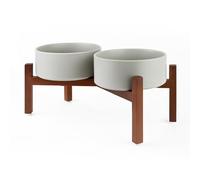 SPUNKYJUNKY Dog Bowl Ceramic Double Dog Feeding Bowl Raised Bowl with Acacia Wood Stand for Medium Dogs (1250 ml, Grey)